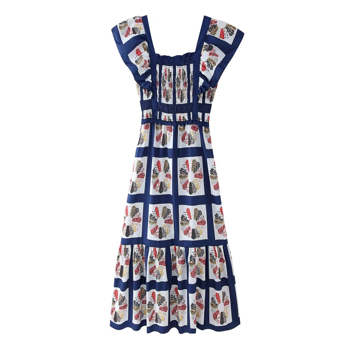 Women Clothing Summer Casual Bow Backless Square Collar Printing Dress Women