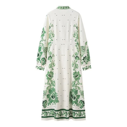 Elegant Print Women Maxi Dress Single Breasted Stand Collar Loose Dress Ladies Long Sleeve Robe