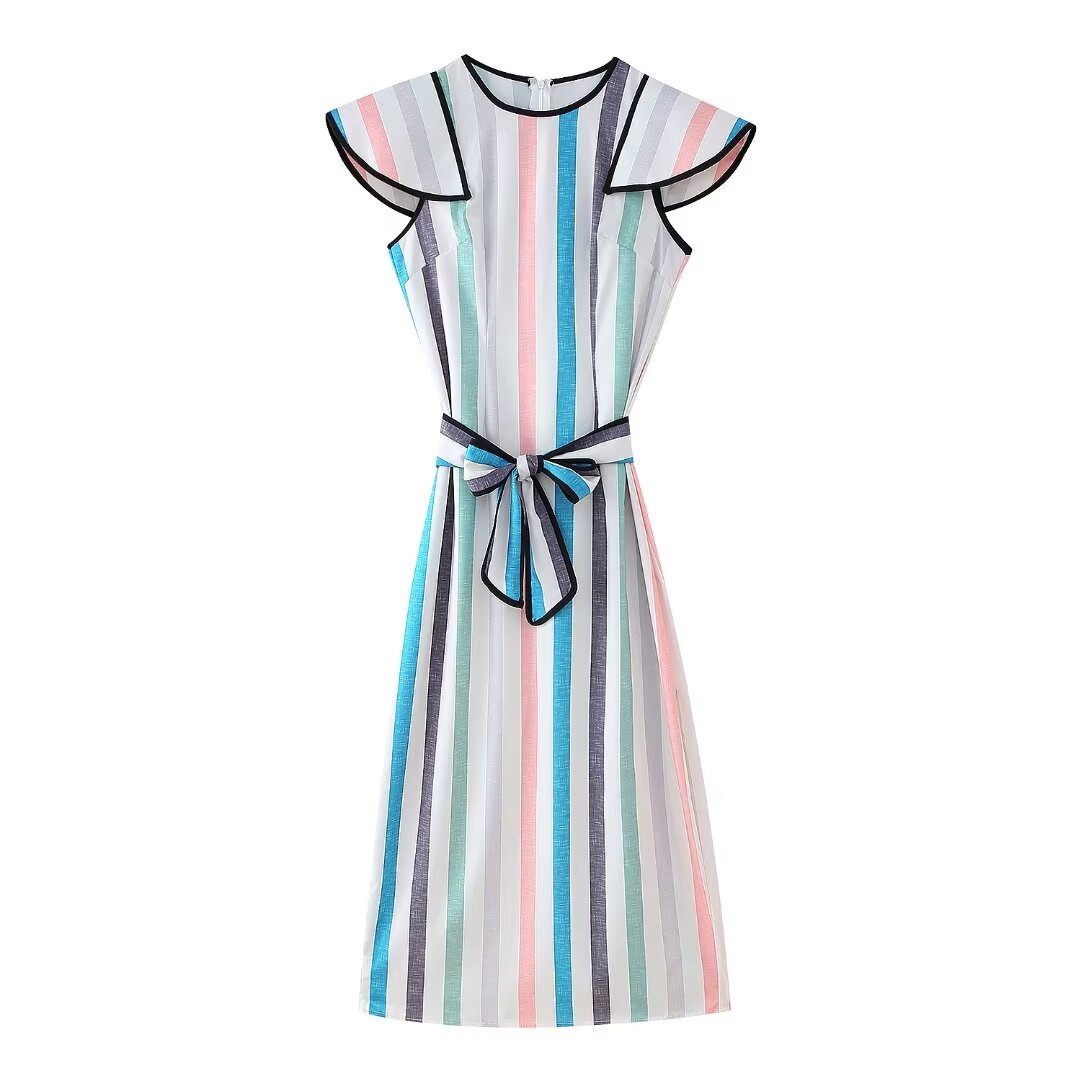 Women Clothing Sweet Striped Dress Ribbon Decoration Flying Sleeves Cami Dress