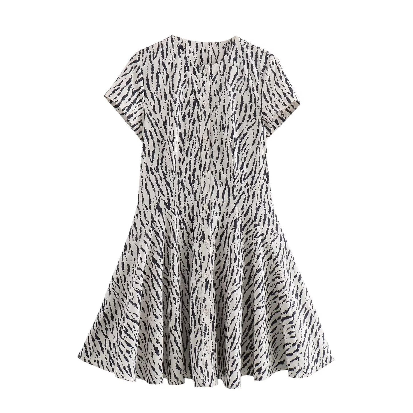 Women Clothing Print Round Neck Loose Casual Short Dress