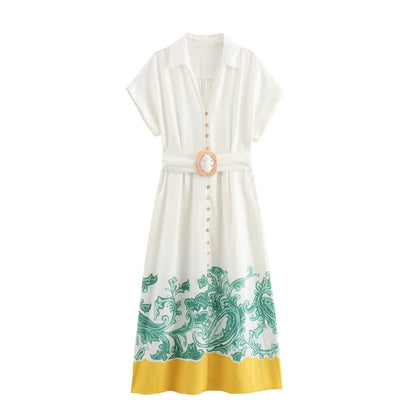 Summer Women Clothing Cotton Linen Printed Shirt Dress