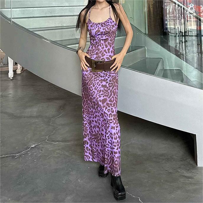 Women Clothing Summer Leopard Print Off Neck Backless Lace Up Waist Slimming Dress No Belt