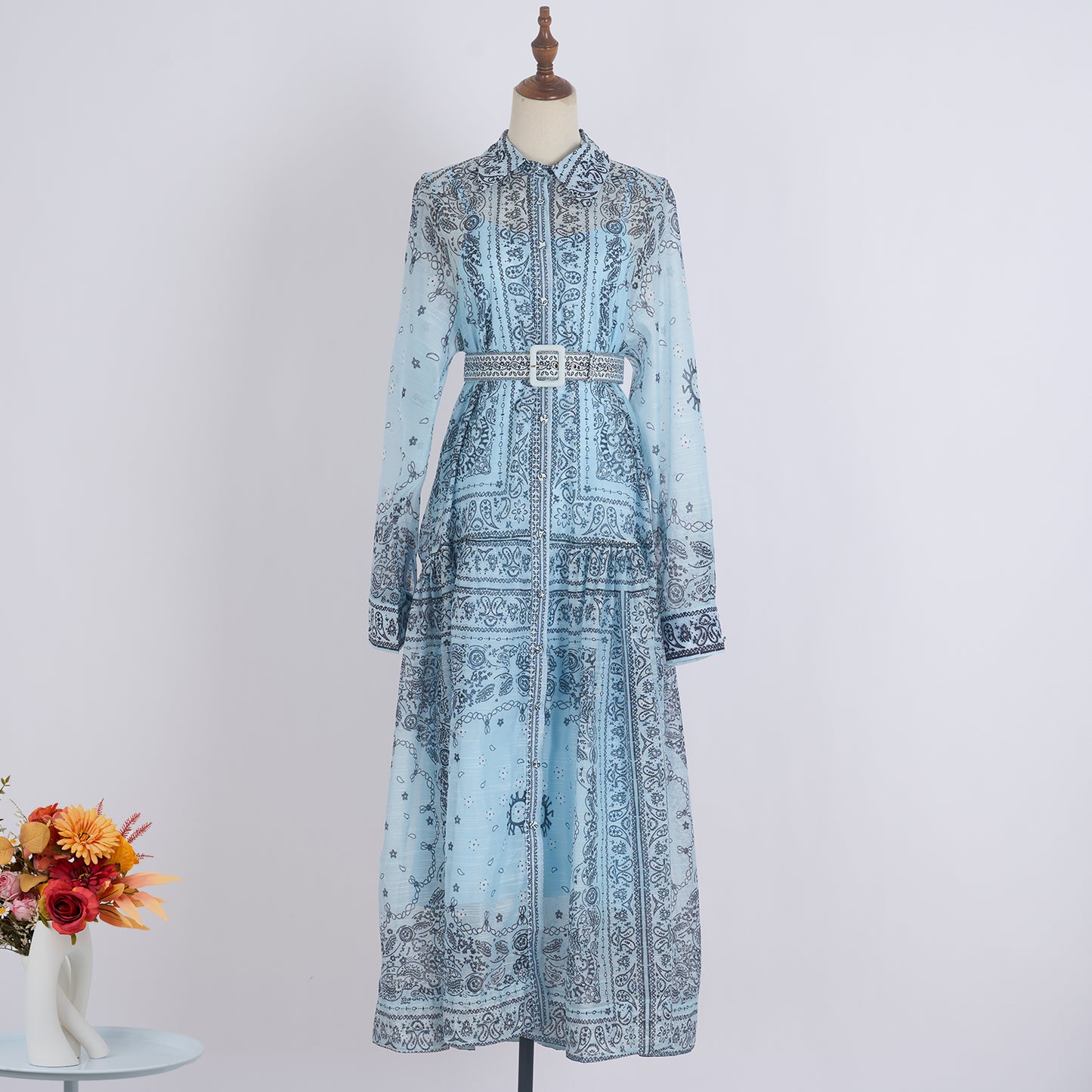 Women Spring Long Sleeve Printed Belted A Line Two Piece Dress