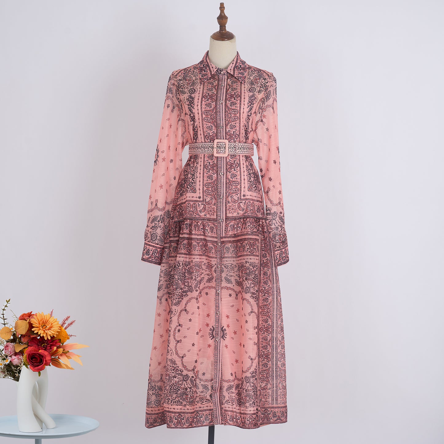 Women Spring Long Sleeve Printed Belted A Line Two Piece Dress