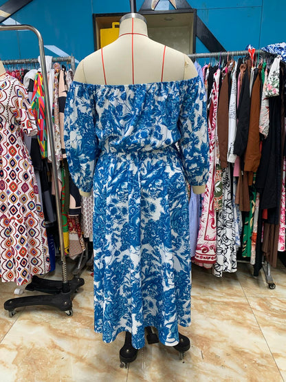 Women Clothing Floral Print Off Shoulder Beach Seaside Bohemian Dress