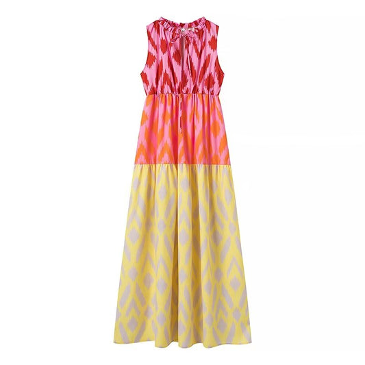 Women Clothing at Sleeveless Halter Stitching Printing Maxi Dress