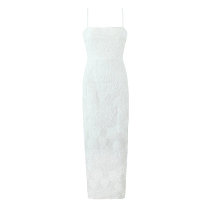 Waist Controlled Slimming Ivory White Embroidery Floral Sling Dress Women High Waist Slit Sheath Dress