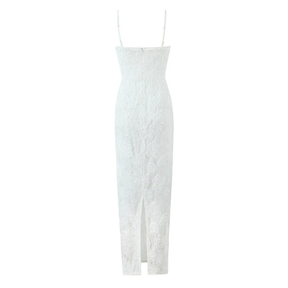 Waist Controlled Slimming Ivory White Embroidery Floral Sling Dress Women High Waist Slit Sheath Dress