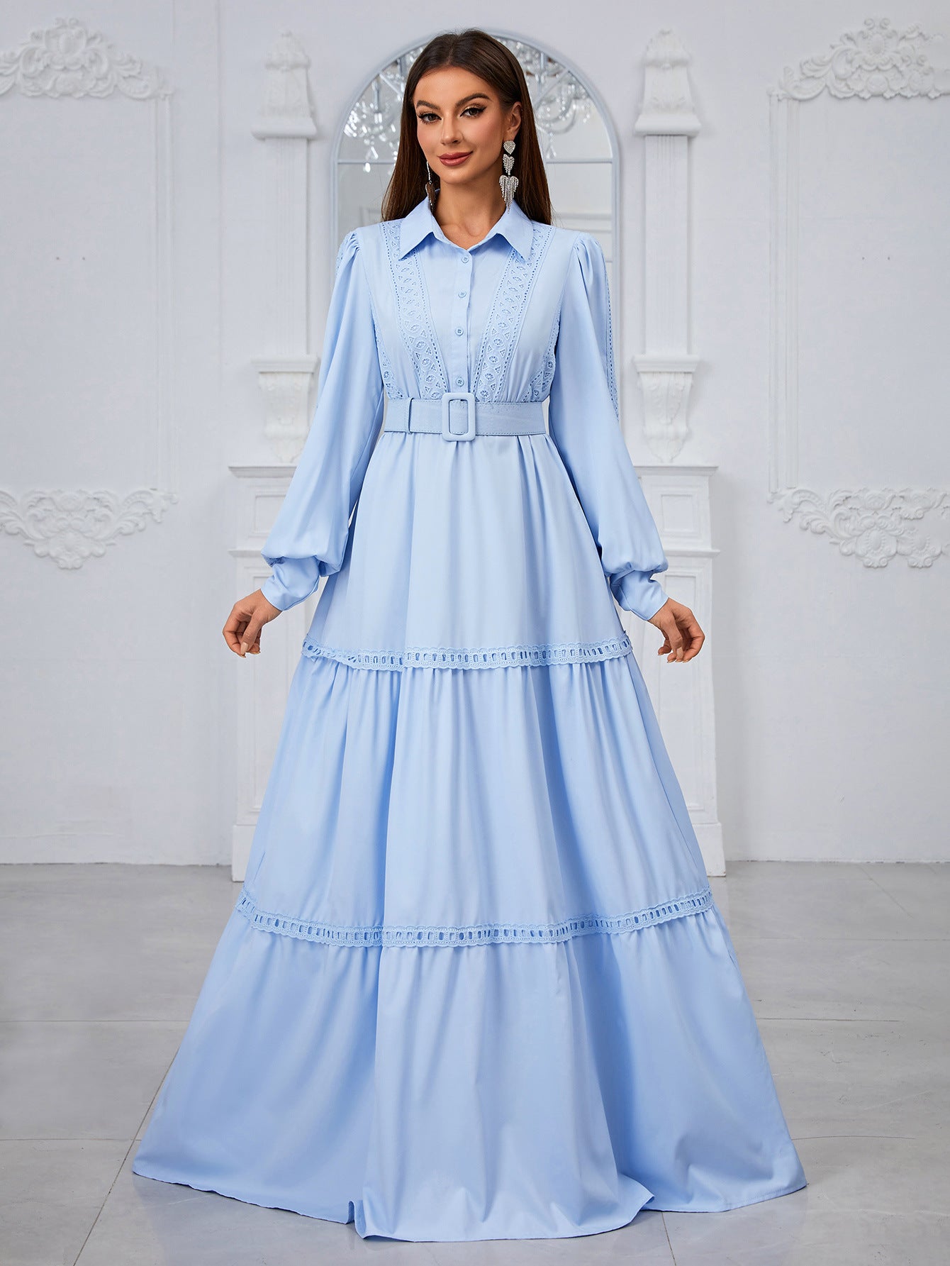 Ladies Cocktail Evening Dress Collared Long Sleeve Embroidered Lace Sweet Dress Containing Belt