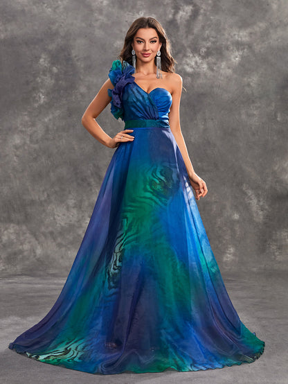 Robe de soirée pour femme, bleu paon, imprimé tridimensionnel, dentelle, sans manches, épaules dénudées, robe de soirée