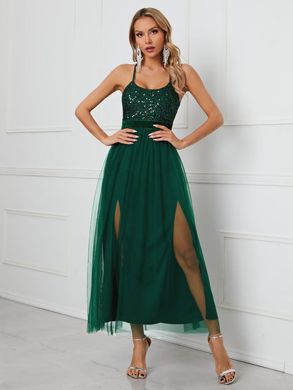 Vestido de noche elegante para mujer, vestido de fiesta de malla con costura y tirantes con lentejuelas