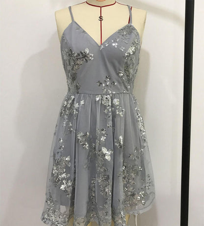 Sexy Spaghetti Straps Sleeveless Sequin Embroider Backless Cross Swing Dress