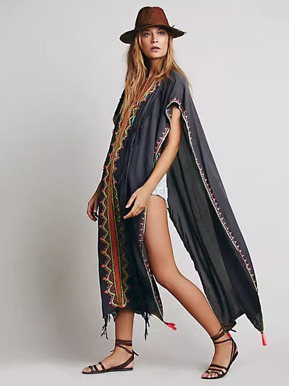 Vestido estilo capa hasta los tobillos bordado sin mangas de verano para mujer