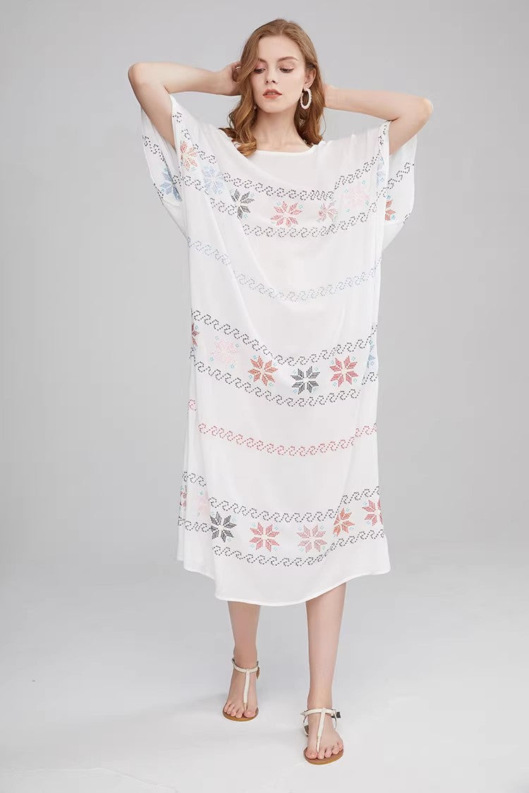 Robe trapèze brodée à manches courtes pour femmes, été