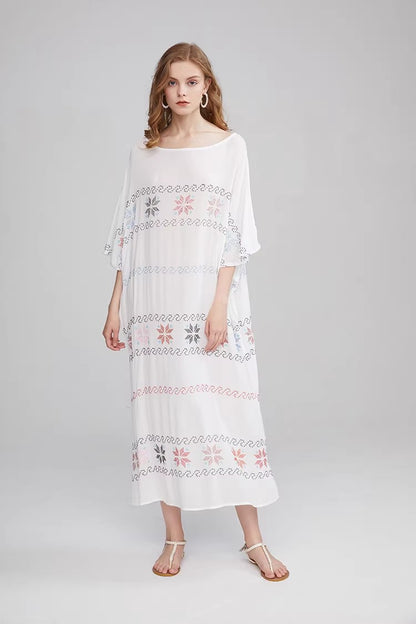 Robe trapèze brodée à manches courtes pour femmes, été