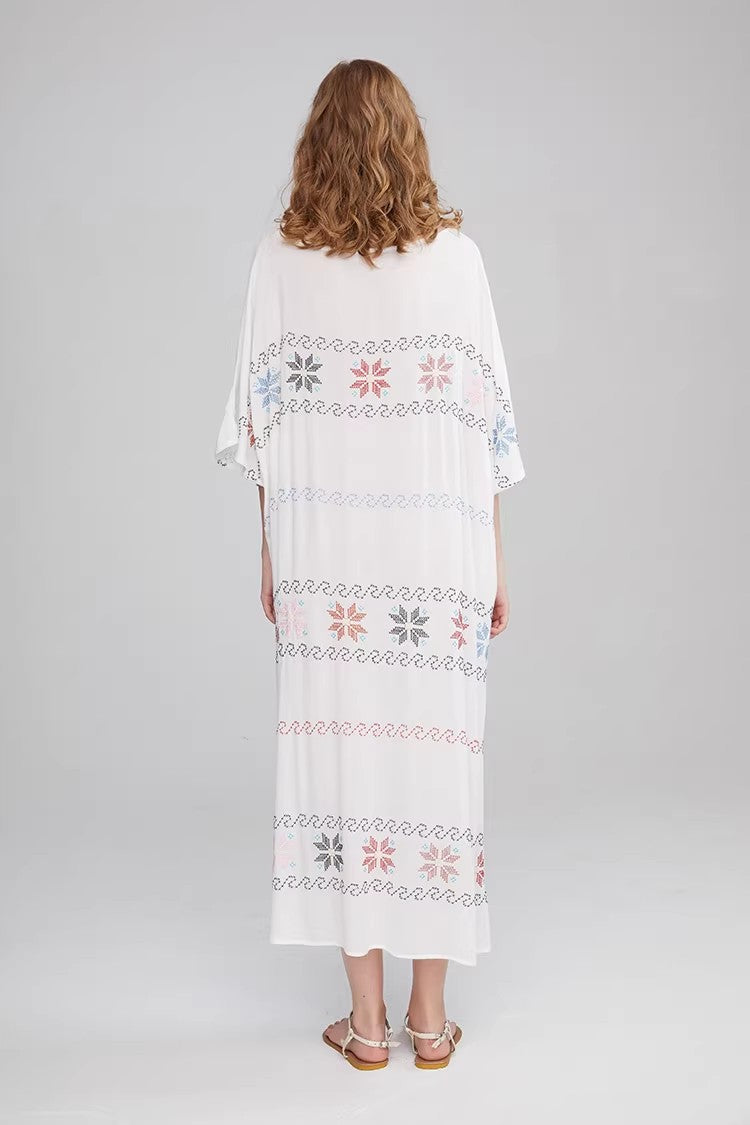 Robe trapèze brodée à manches courtes pour femmes, été