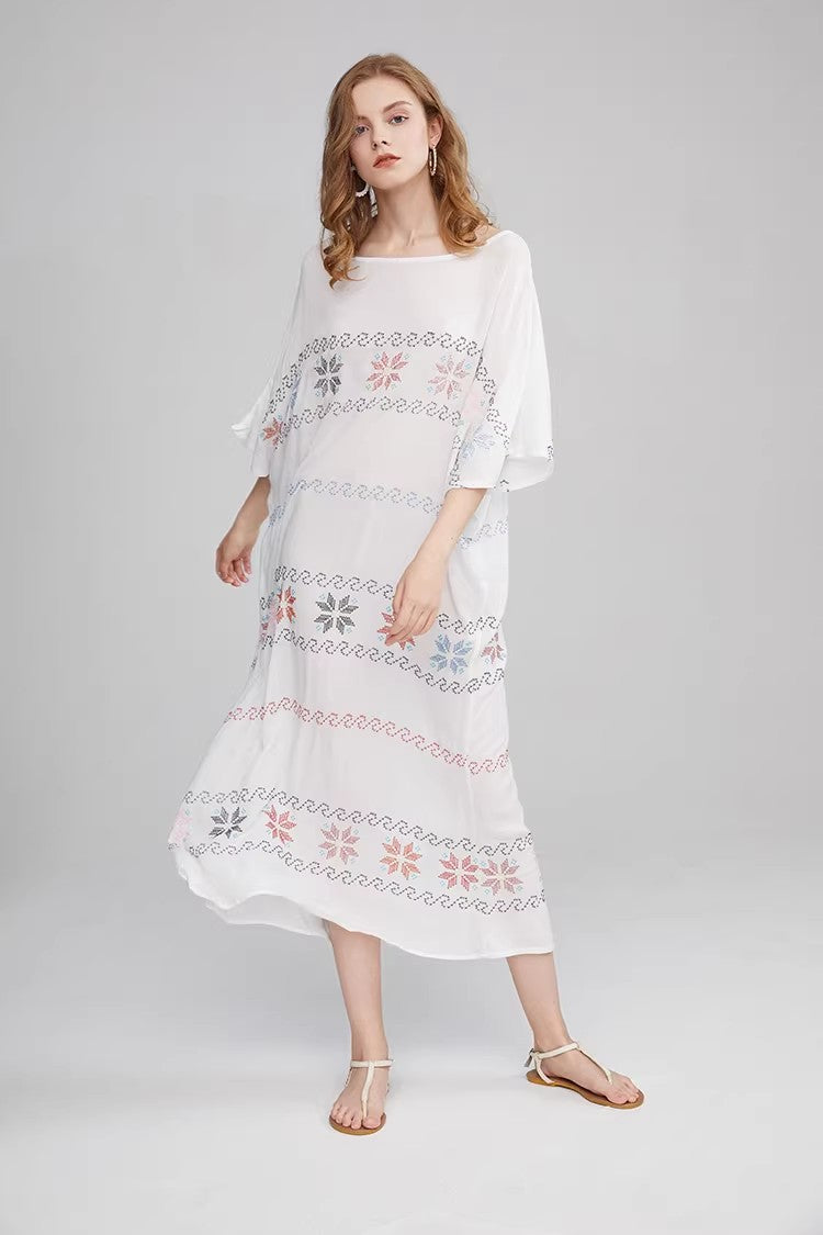 Robe trapèze brodée à manches courtes pour femmes, été