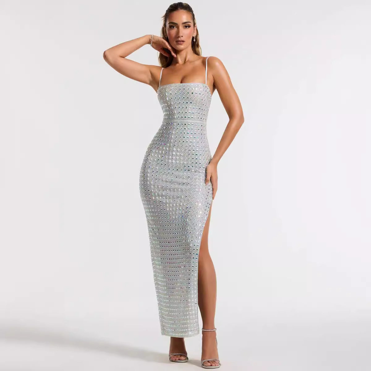 Robe longue à bandes, Sexy, élégante, bretelles en strass, haut de gamme, été