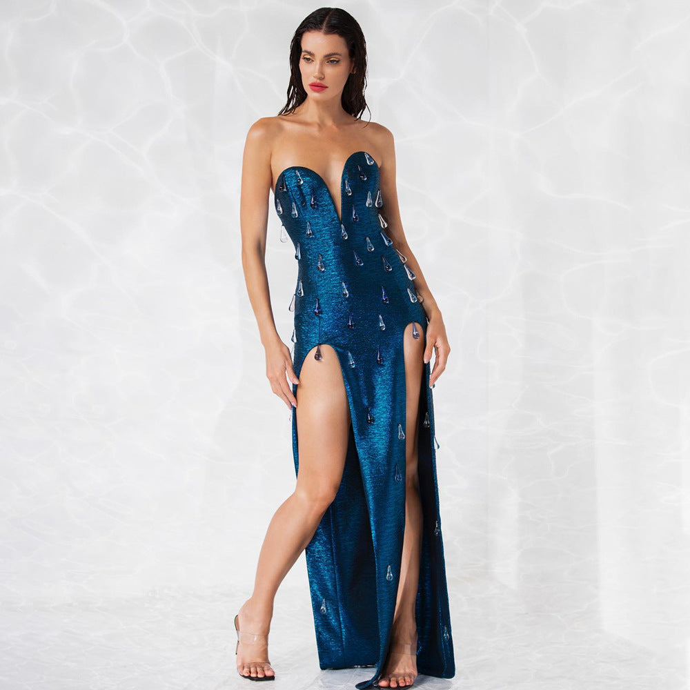 Été Sexy évider découpe bronzant bustier tubulaire strass coupe ajustée gaine taille ajustée robe Maxi