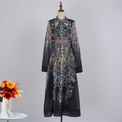 Long Sleeve Early Autumn Lapel Dress Long Dress Women Belt Sling