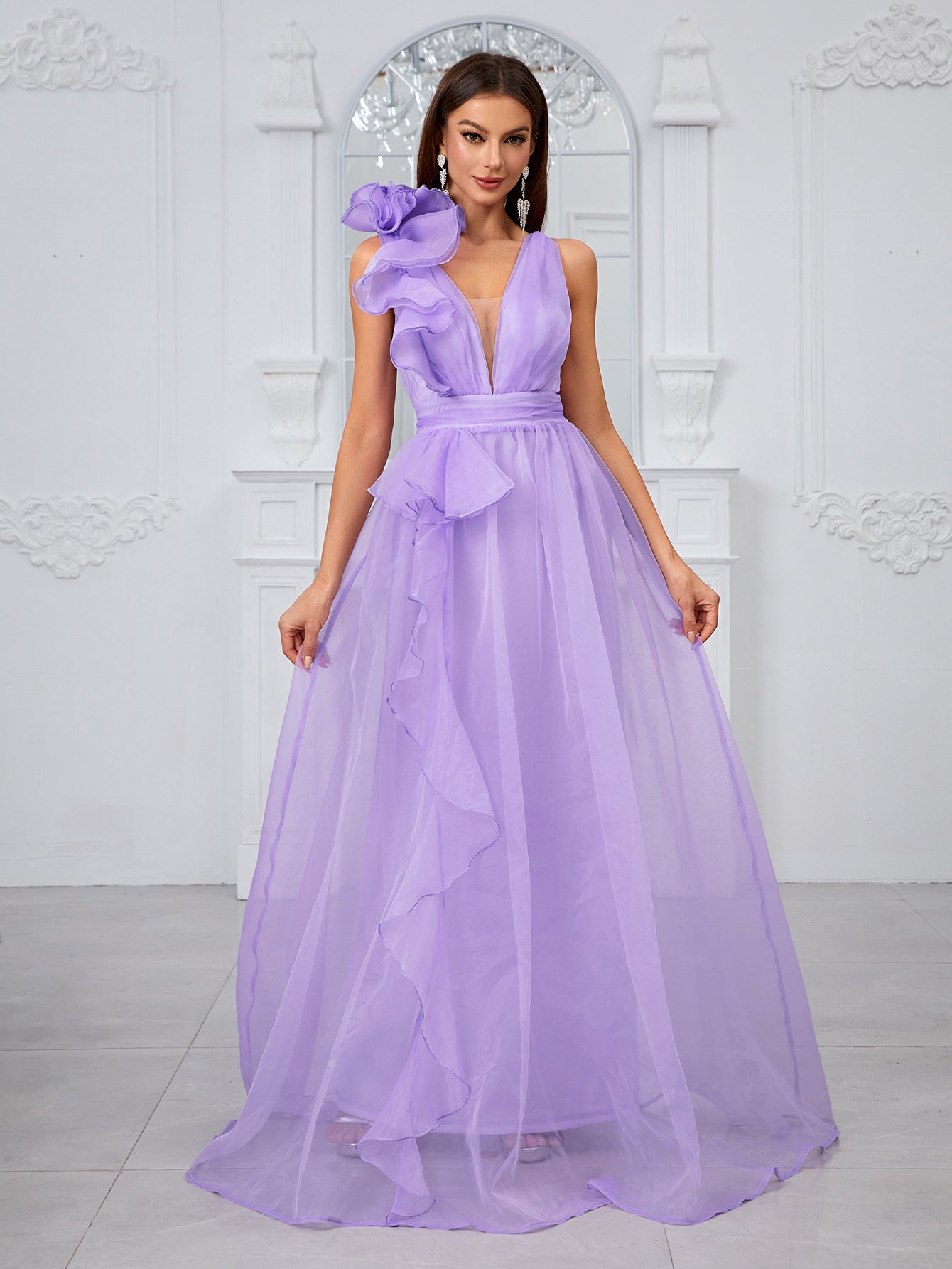 Robe en Organza en dentelle tridimensionnelle pour femmes, sans manches, col en V, ceinture, douce, romantique, robe de soirée