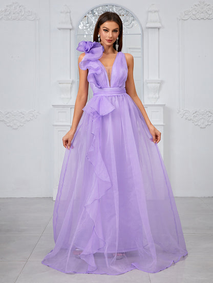 Robe en Organza en dentelle tridimensionnelle pour femmes, sans manches, col en V, ceinture, douce, romantique, robe de soirée