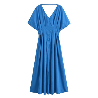 Summer Women Clothing Casual Simple Sapphire Blue Shoulder Sleeve Waist Tight Dress