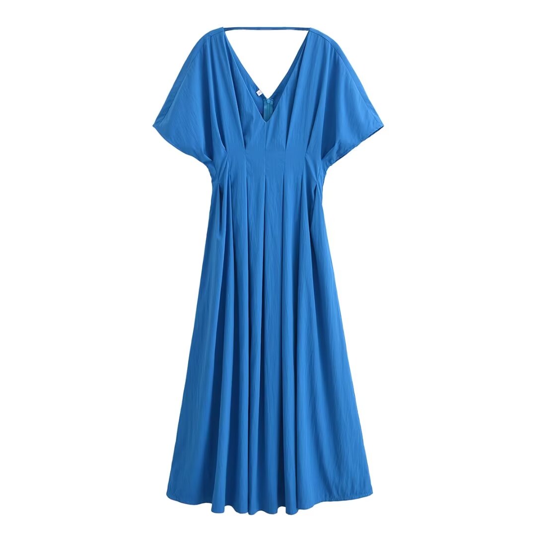 Verano Mujer Ropa Casual Simple Zafiro Azul Hombro Manga Cintura Vestido Ajustado