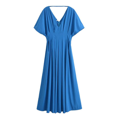 Verano Mujer Ropa Casual Simple Zafiro Azul Hombro Manga Cintura Vestido Ajustado