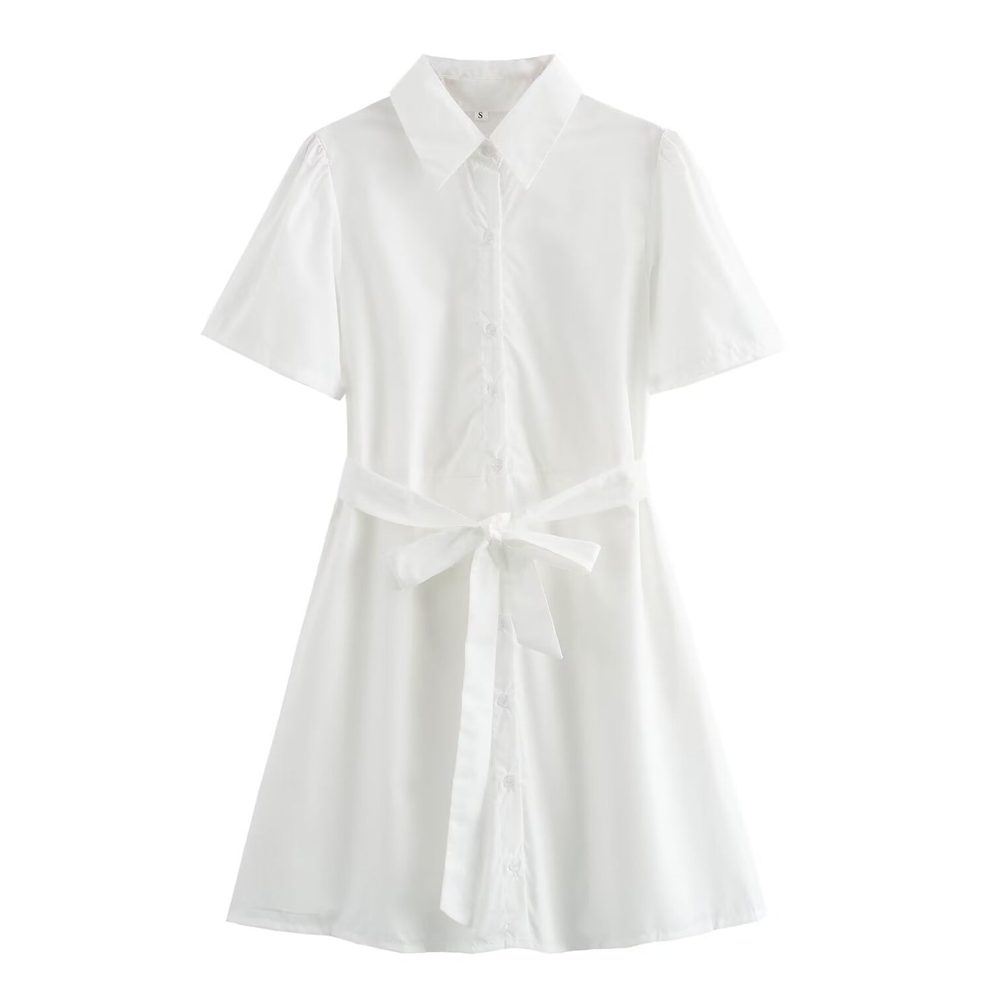 Summer Women Clothing Casual Simple White Belt Shirt Dress