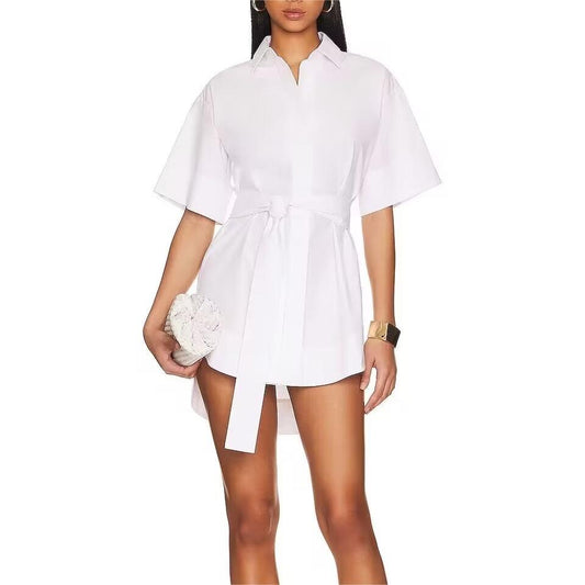 Summer Women Clothing Casual Simple White Belt Shirt Dress