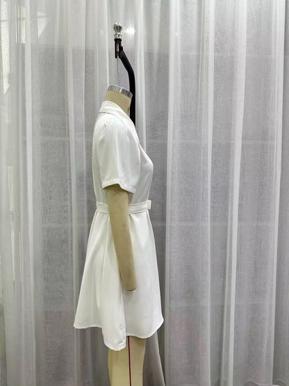 Summer Women Clothing Casual Simple White Belt Shirt Dress