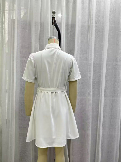 Summer Women Clothing Casual Simple White Belt Shirt Dress