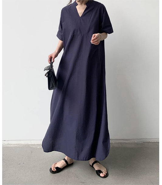 Dress Office Women Summer Retro Casual Solid Color Loose Swing Dress Maxi Dress