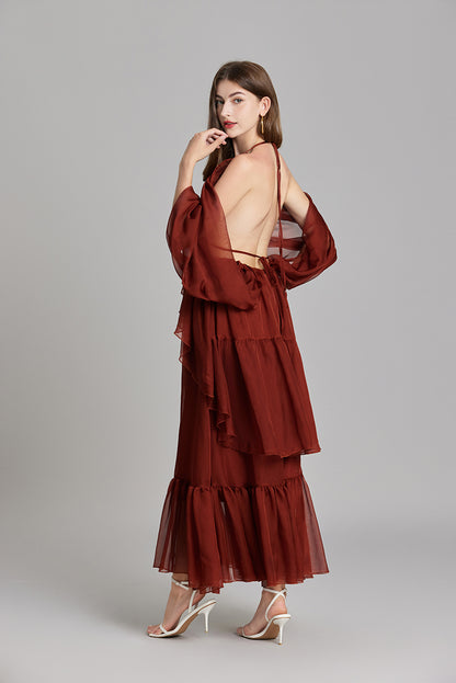 Women Spring Solid Long Sleeve Backless A Line Maxi Dress