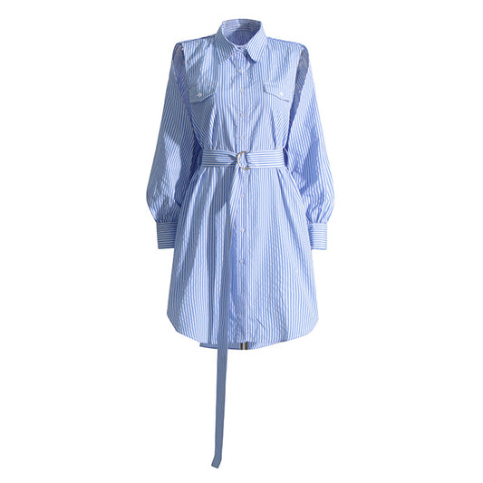 Printemps couleur bleue rayé taille ample serré minceur col hors de l'épaule creux manches découpées chemise rayée élégante