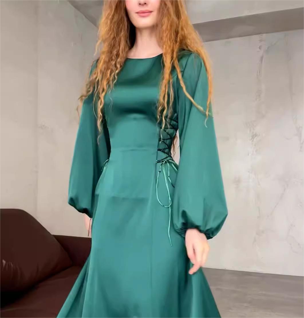 Spring Lace Up Waist Puff Sleeves Maxi Dress