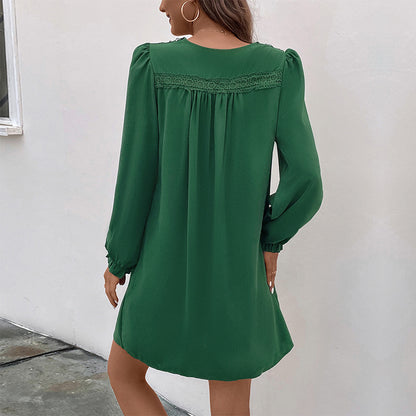 Patchwork Dress Autumn Women Clothing V neck Pleating Long Sleeve Dress