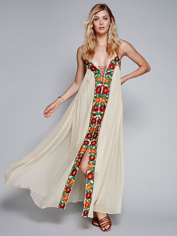 Colorful Flower Embroidered Long Dress With Strap Dress Holiday