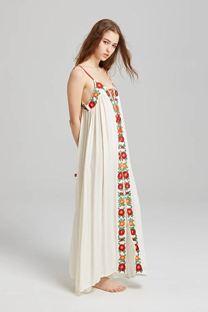 Colorful Flower Embroidered Long Dress With Strap Dress Holiday