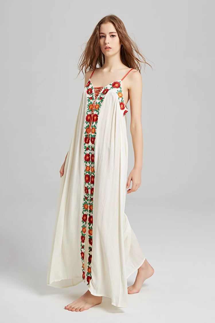 Colorful Flower Embroidered Long Dress With Strap Dress Holiday