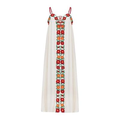 Colorful Flower Embroidered Long Dress With Strap Dress Holiday