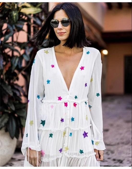 Vestido playero de fiesta con bordado de estrellas bohemias