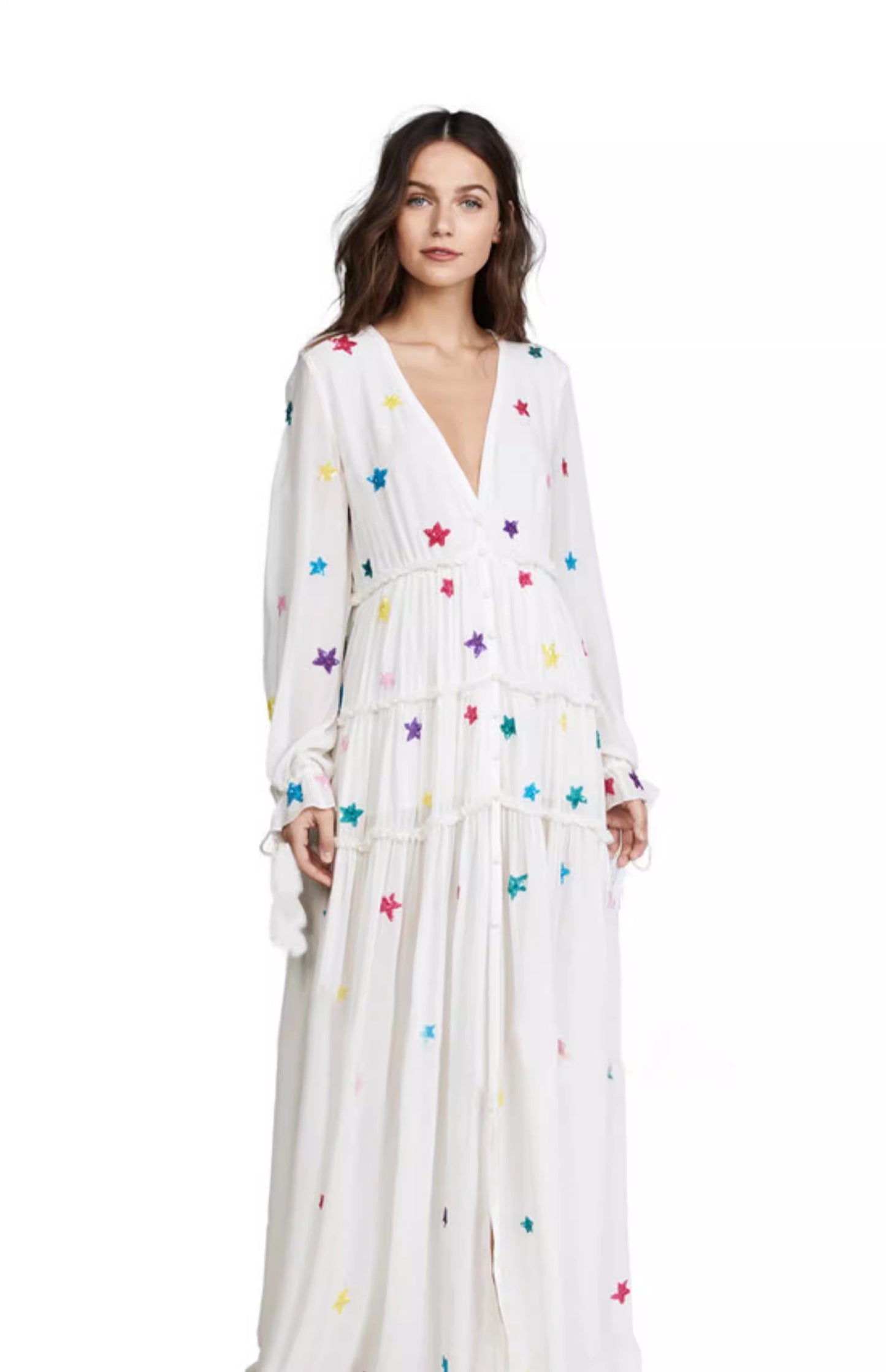 Vestido playero de fiesta con bordado de estrellas bohemias