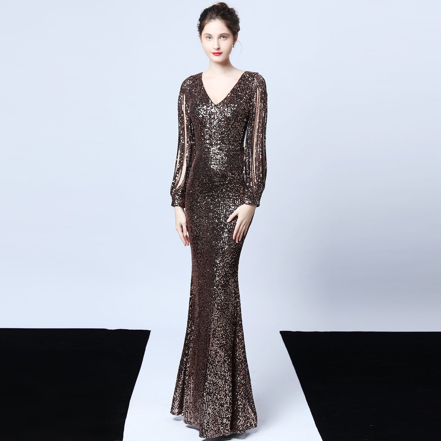 Robe de soirée élégante à manches longues et paillettes pour cocktail