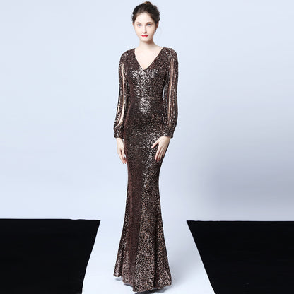 Cocktail Elegant Long Long Sleeve Sequined Atmosphere Queen Fishtail Evening Dress