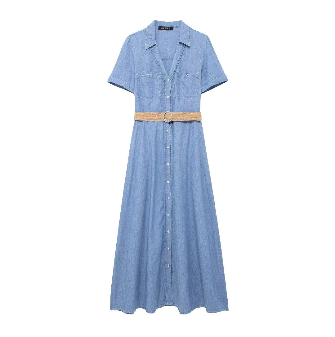 Summer Women Clothing With Belt Shirt Midi Dress Women