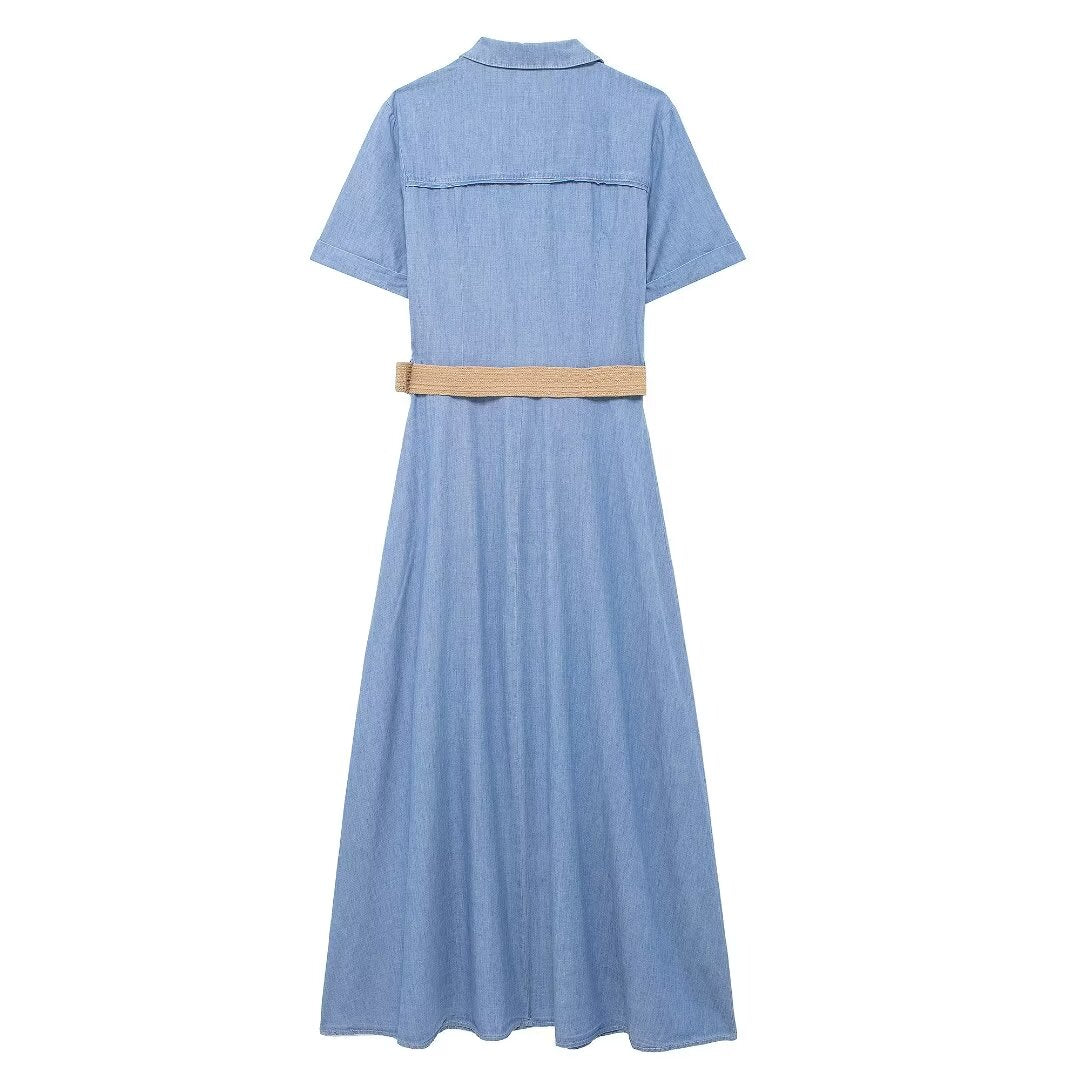 Summer Women Clothing With Belt Shirt Midi Dress Women