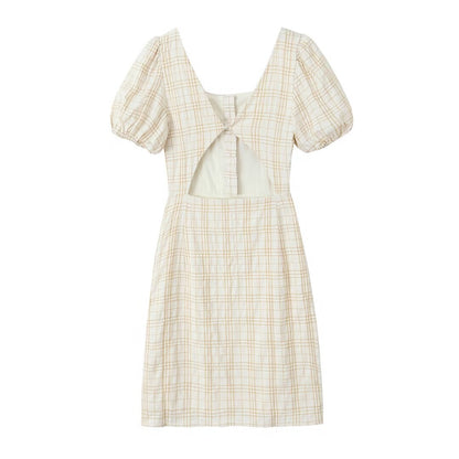 Women Summer Square Collar Waist Backless Plaid Bubble Sleeve Dress