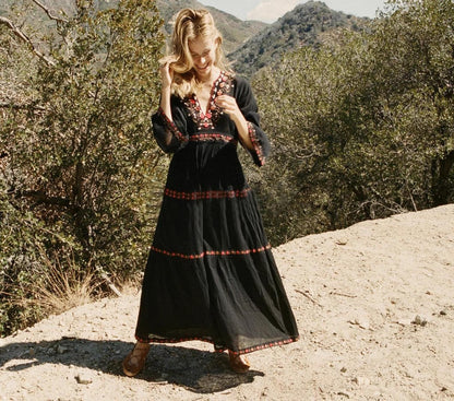 Vestido de mujer de talle alto con bordado floral Vestido acampanado